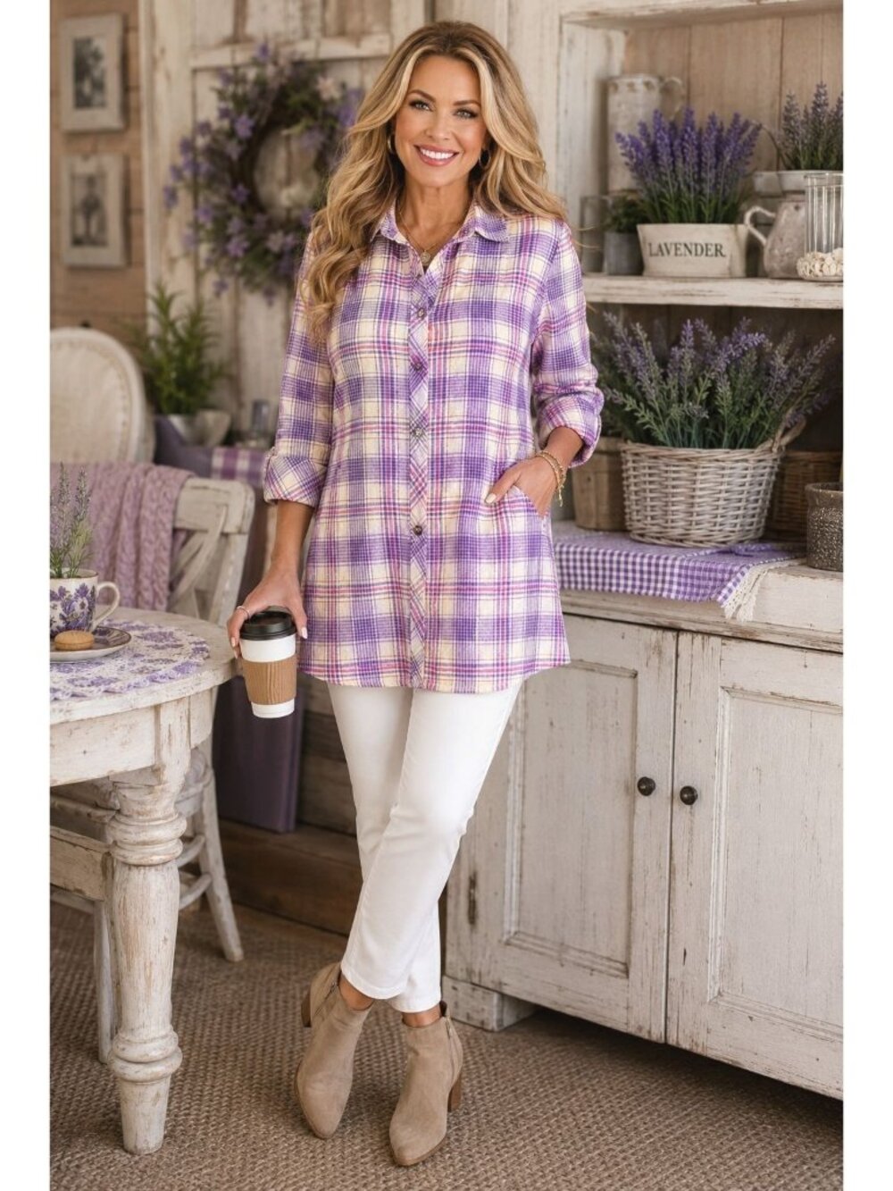 Susan Graver LP Purple Plaid Button Front Tunic Relaxed Fit Casual Cottage Style